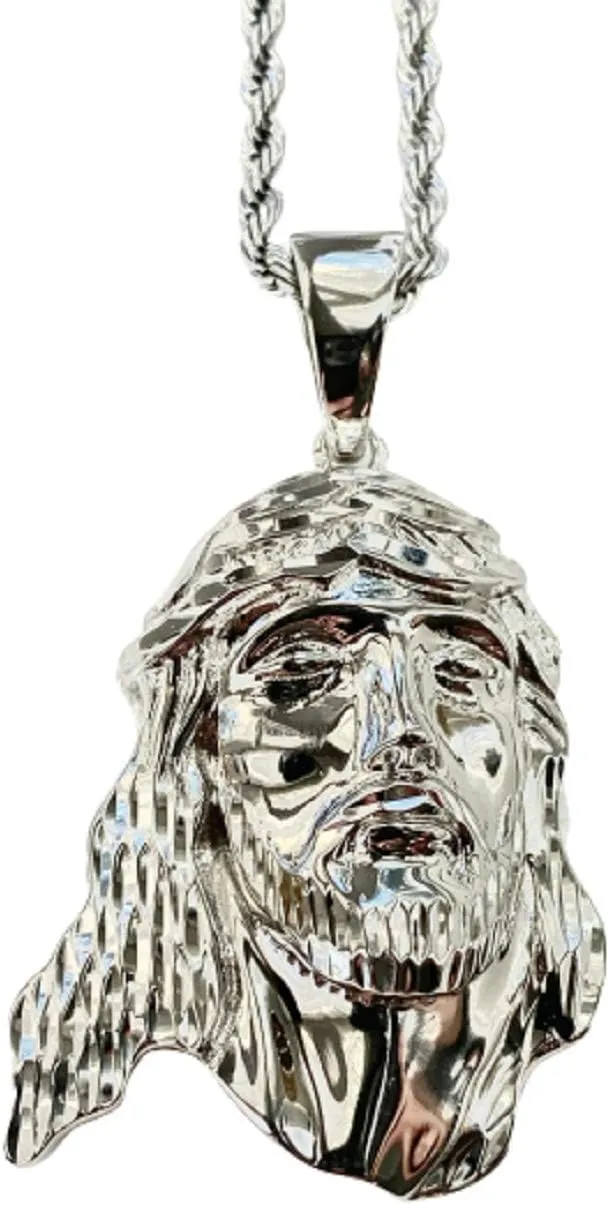 Jesus Peace M Men Women 925 Italy Iced Silver Charm Ice Out Pendant Stainless Steel Real 3 mm Rope Chain, Mans Jewelry, Iced Pendant, Rope Necklace 16"- 24"