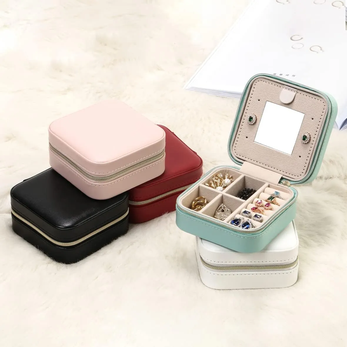 Jewelry Case with Mirror, Small Travel Jewelry Organizer, Portable Mini Storage Box for Rings, Earrings, Necklaces, Gift for Mom, Girl, Daughter, Bridesmaids, Mother's Day Gift (NavyBlue-4packs)