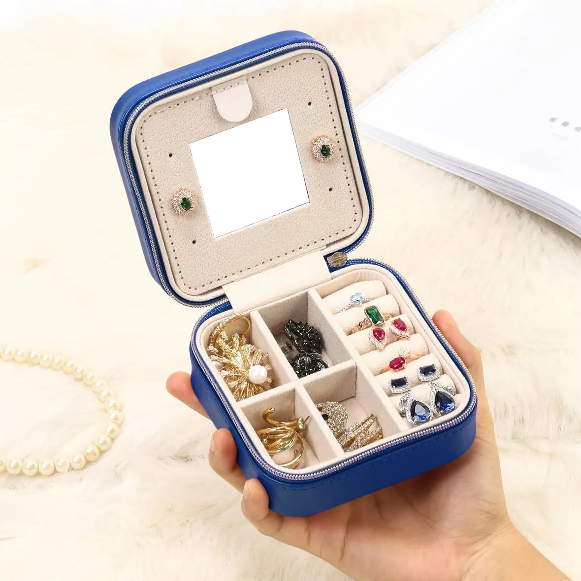 Jewelry Case with Mirror, Small Travel Jewelry Organizer, Portable Mini Storage Box for Rings, Earrings, Necklaces, Gift for Mom, Girl, Daughter, Bridesmaids, Mother's Day Gift (NavyBlue-4packs)