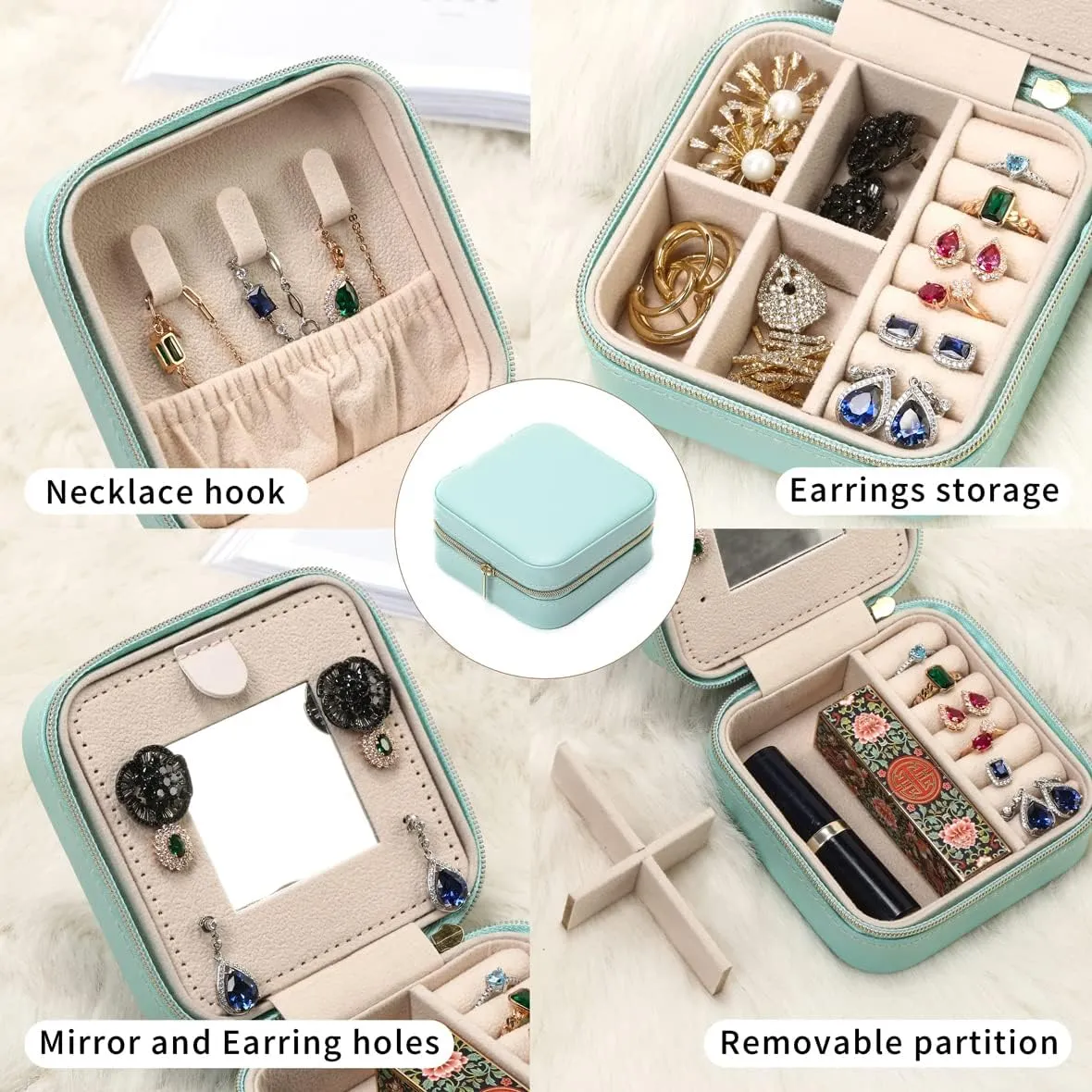 Jewelry Case with Mirror, Small Travel Jewelry Organizer, Portable Mini Storage Box for Rings, Earrings, Necklaces, Gift for Mom, Girl, Daughter, Bridesmaids, Mother's Day Gift (NavyBlue-4packs)