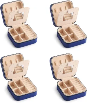 Jewelry Case with Mirror, Small Travel Jewelry Organizer, Portable Mini Storage Box for Rings, Earrings, Necklaces, Gift for Mom, Girl, Daughter, Bridesmaids, Mother's Day Gift (NavyBlue-4packs)