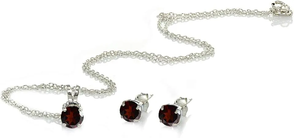 Jewelry Sets for Women, Necklace and Earring Sets for Women, Birthstone Jewelry, Genuine or Synthetic Gem, 5mm Round Solitaire, Pendant Necklace, Short Necklace, Stud Earrings, Sterling Silver Jewelry