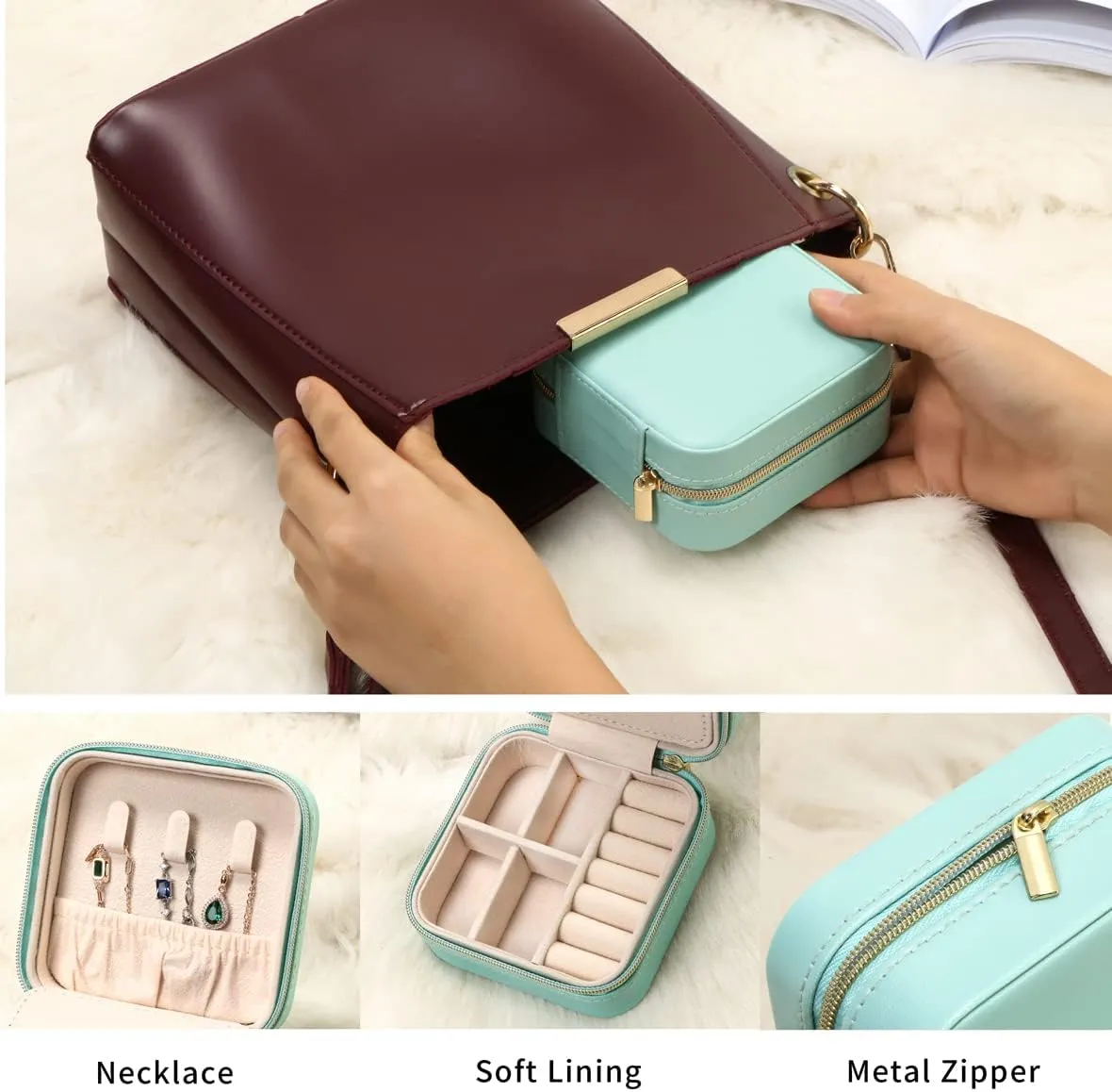 Jewelry Travel Case with Mirror,Small Travel Jewelry Organizer, Portable Jewelry Box Travel Mini Storage Organizer Portable Display Storage Box for Rings Earrings Necklaces (Black)