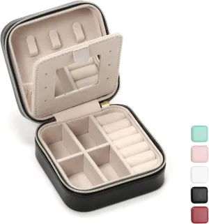 Jewelry Travel Case with Mirror,Small Travel Jewelry Organizer, Portable Jewelry Box Travel Mini Storage Organizer Portable Display Storage Box for Rings Earrings Necklaces (Black)