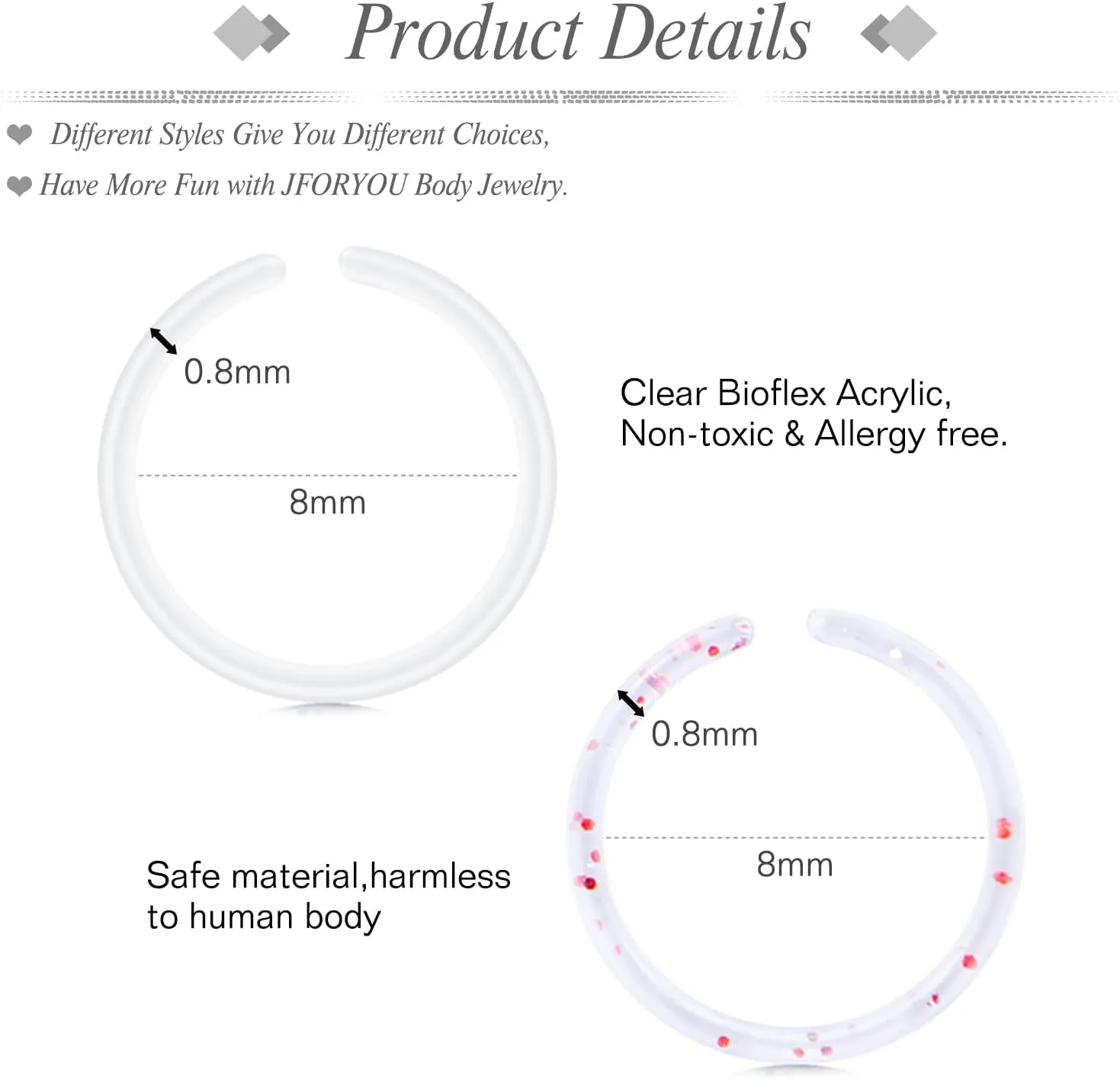 JFORYOU 18-20G Clear Acrylic Nose Ring Bioflex Stud Retainer Nose Piercing Body Jewelry for Men Women