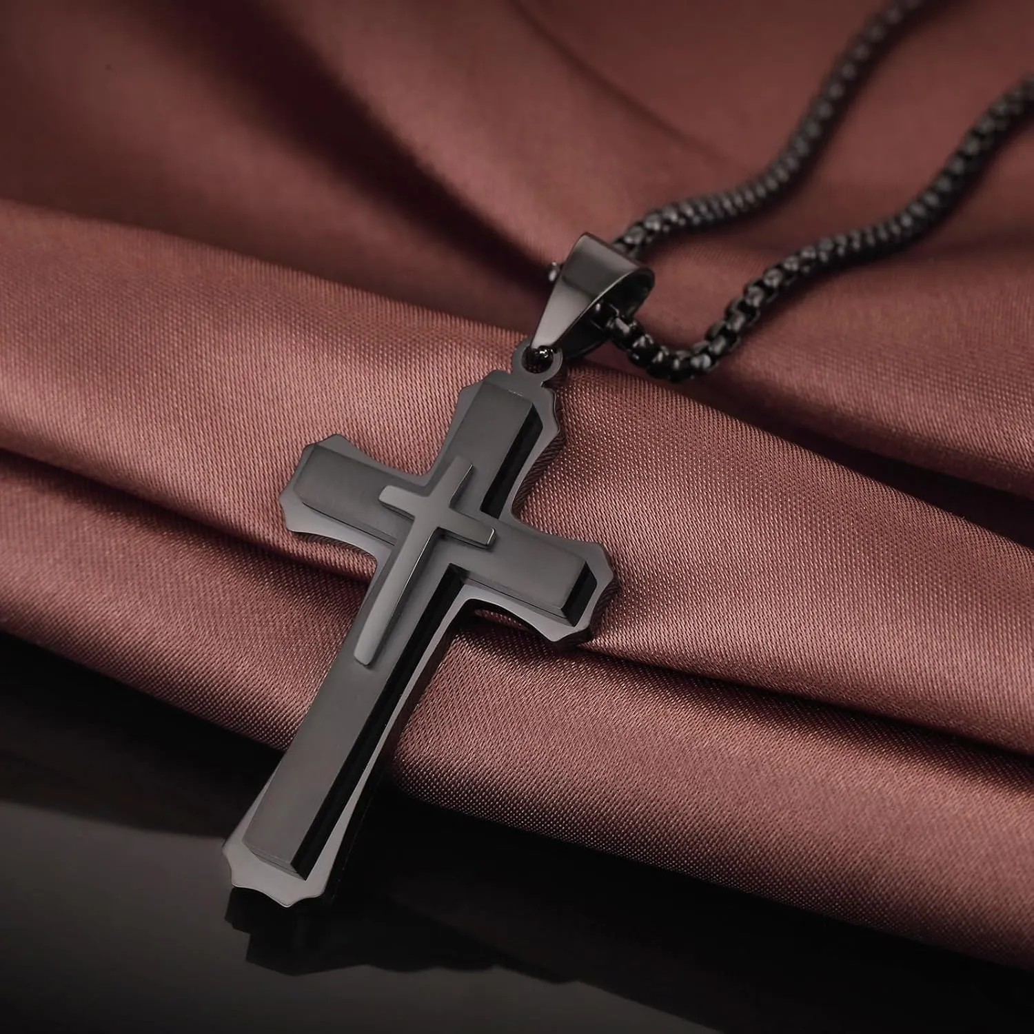 jiamiaoi Cross Necklace for Men Surgical Steel Mens Cross Necklace 316L Stainless Steel Cross Pendant Necklace in Color Silver/Black/Gold, Nickel Free Steel Cross Necklaces Chain 22In-26In