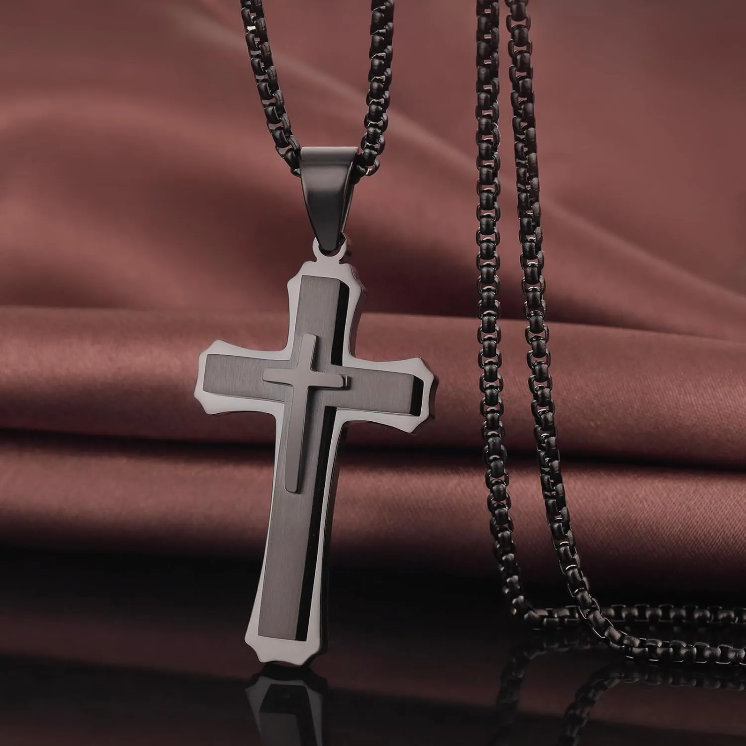 jiamiaoi Cross Necklace for Men Surgical Steel Mens Cross Necklace 316L Stainless Steel Cross Pendant Necklace in Color Silver/Black/Gold, Nickel Free Steel Cross Necklaces Chain 22In-26In