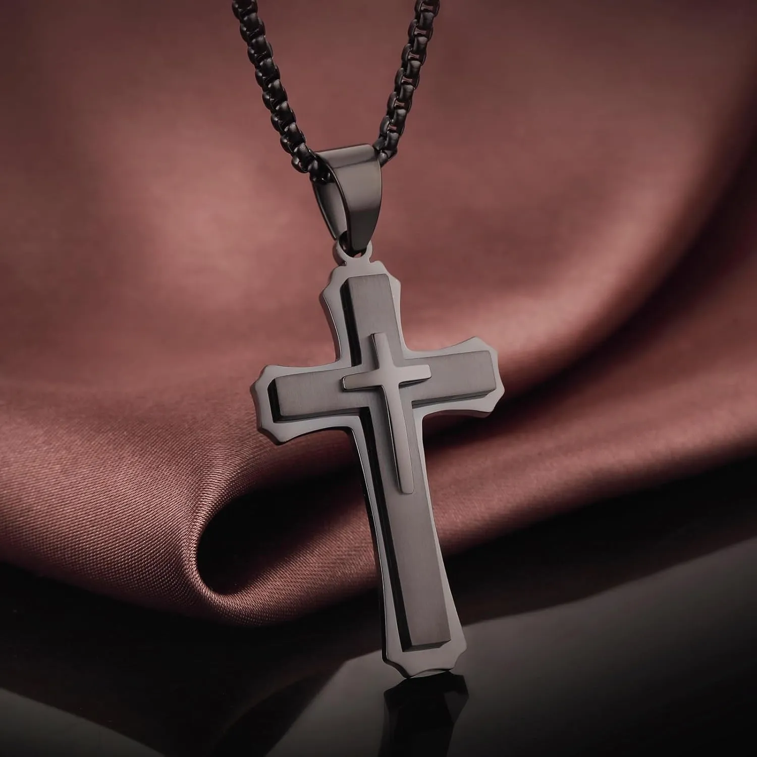 jiamiaoi Cross Necklace for Men Surgical Steel Mens Cross Necklace 316L Stainless Steel Cross Pendant Necklace in Color Silver/Black/Gold, Nickel Free Steel Cross Necklaces Chain 22In-26In