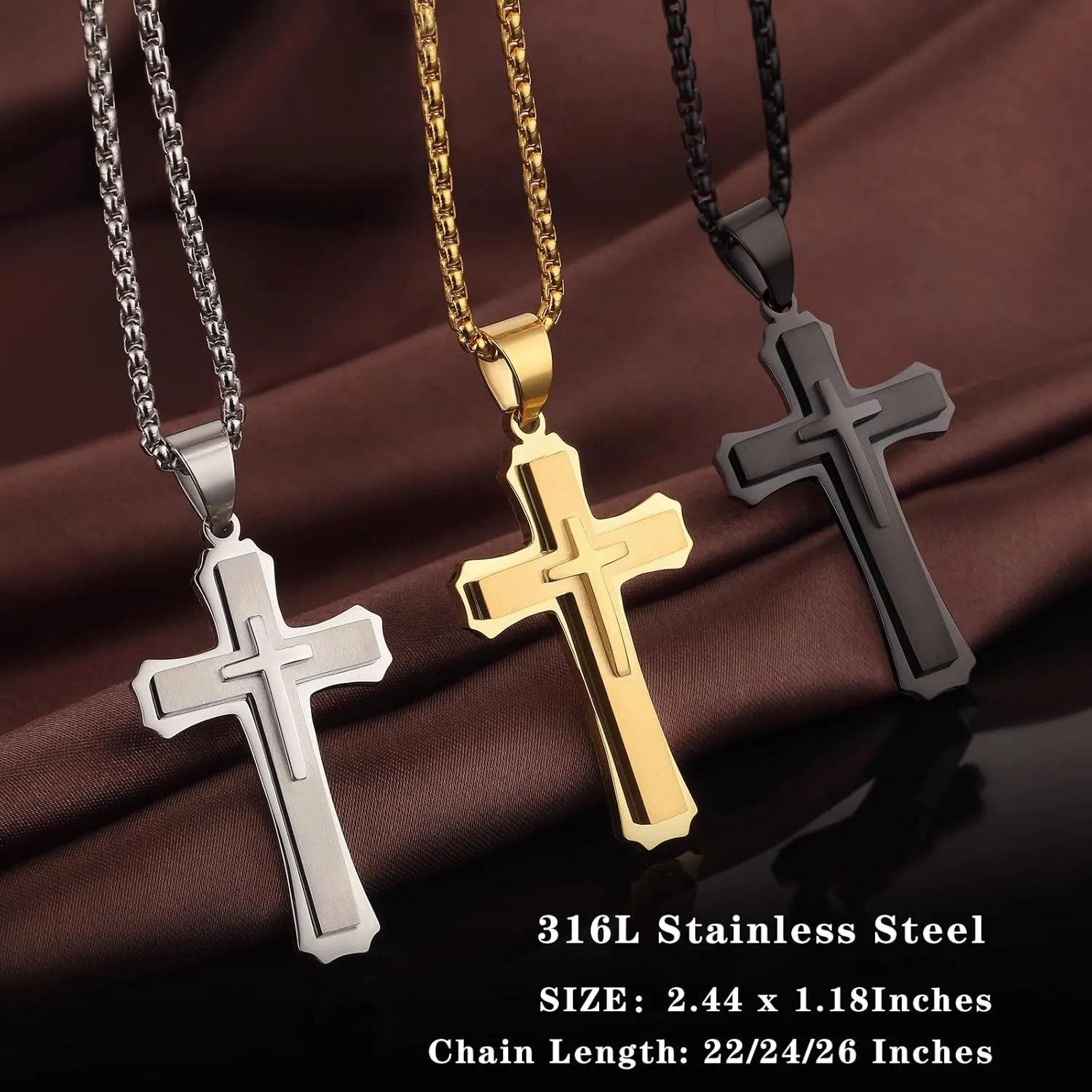 jiamiaoi Cross Necklace for Men Surgical Steel Mens Cross Necklace 316L Stainless Steel Cross Pendant Necklace in Color Silver/Black/Gold, Nickel Free Steel Cross Necklaces Chain 22In-26In