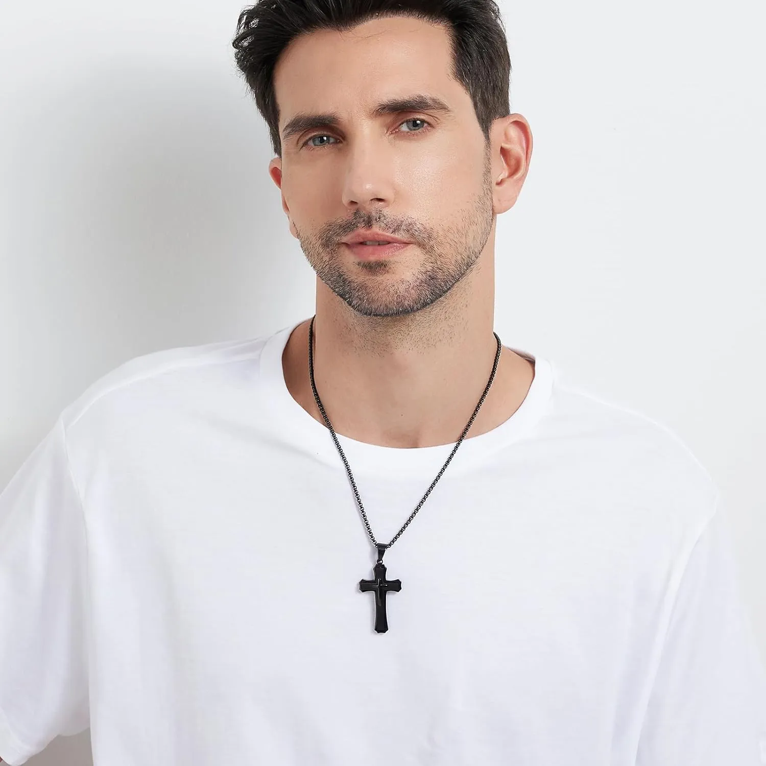 jiamiaoi Cross Necklace for Men Surgical Steel Mens Cross Necklace 316L Stainless Steel Cross Pendant Necklace in Color Silver/Black/Gold, Nickel Free Steel Cross Necklaces Chain 22In-26In