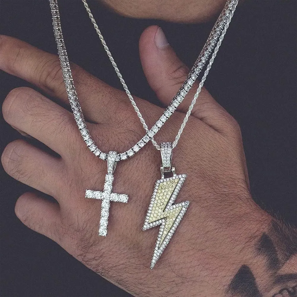 JINAO Hip Hop Lightning Bolt Design Pendant 18k Gold Plated Iced Out Cubic Zirconia Pendant Necklace with Micropave Simulated Diamond for Men Women