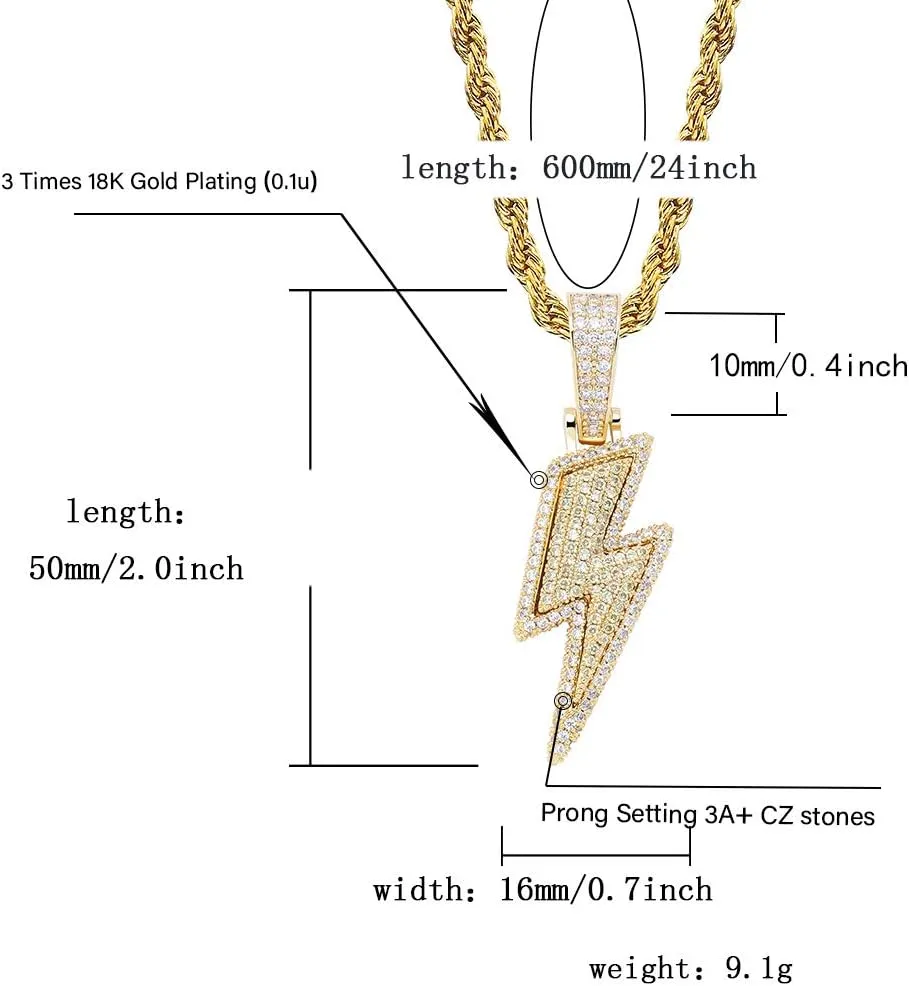 JINAO Hip Hop Lightning Bolt Design Pendant 18k Gold Plated Iced Out Cubic Zirconia Pendant Necklace with Micropave Simulated Diamond for Men Women