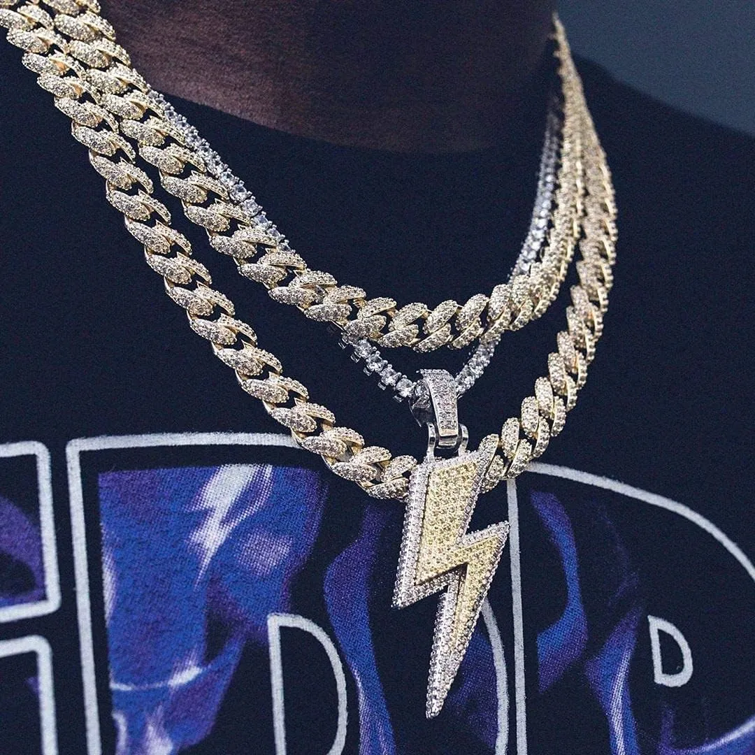 JINAO Hip Hop Lightning Bolt Design Pendant 18k Gold Plated Iced Out Cubic Zirconia Pendant Necklace with Micropave Simulated Diamond for Men Women
