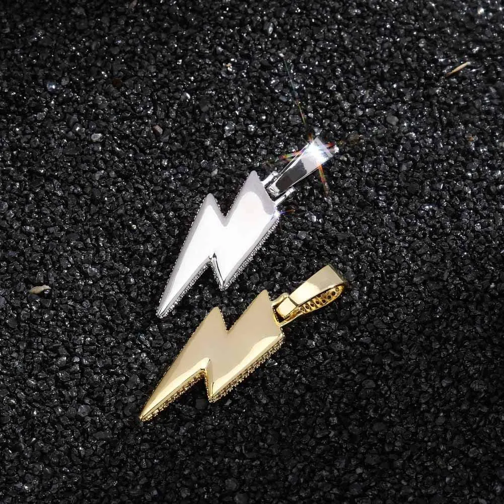 JINAO Hip Hop Lightning Bolt Design Pendant 18k Gold Plated Iced Out Cubic Zirconia Pendant Necklace with Micropave Simulated Diamond for Men Women