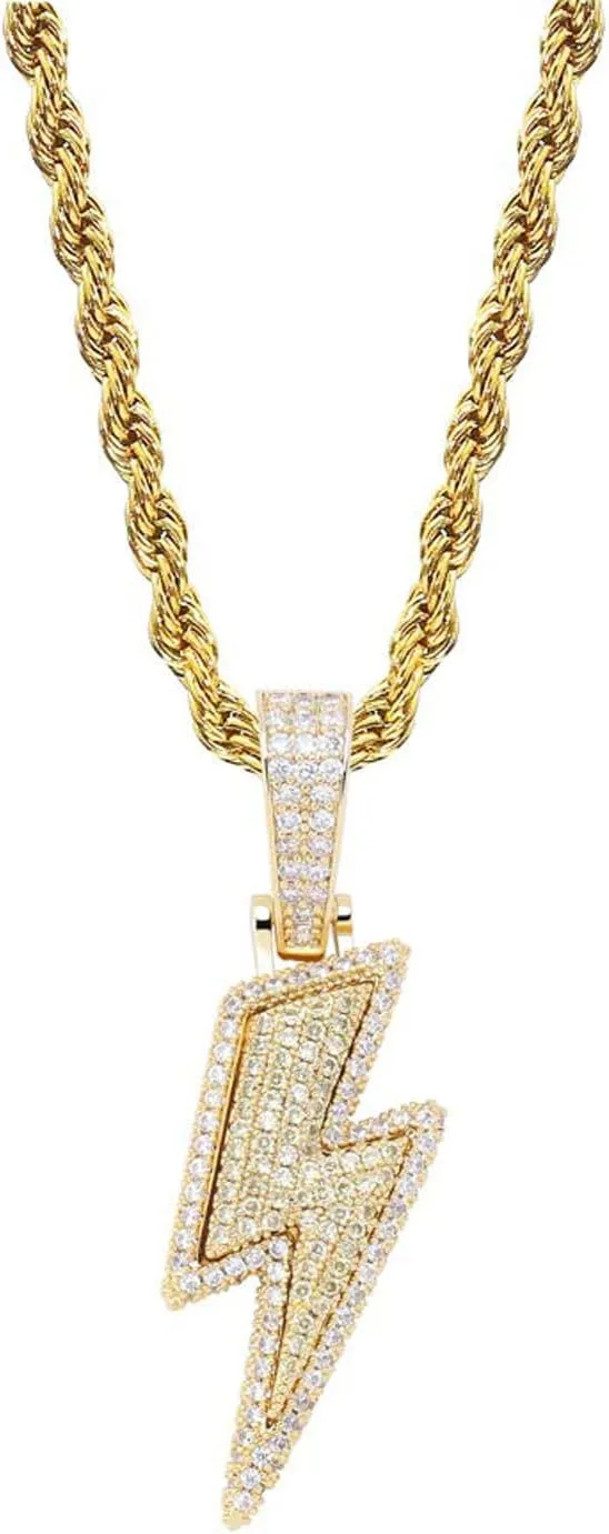 JINAO Hip Hop Lightning Bolt Design Pendant 18k Gold Plated Iced Out Cubic Zirconia Pendant Necklace with Micropave Simulated Diamond for Men Women