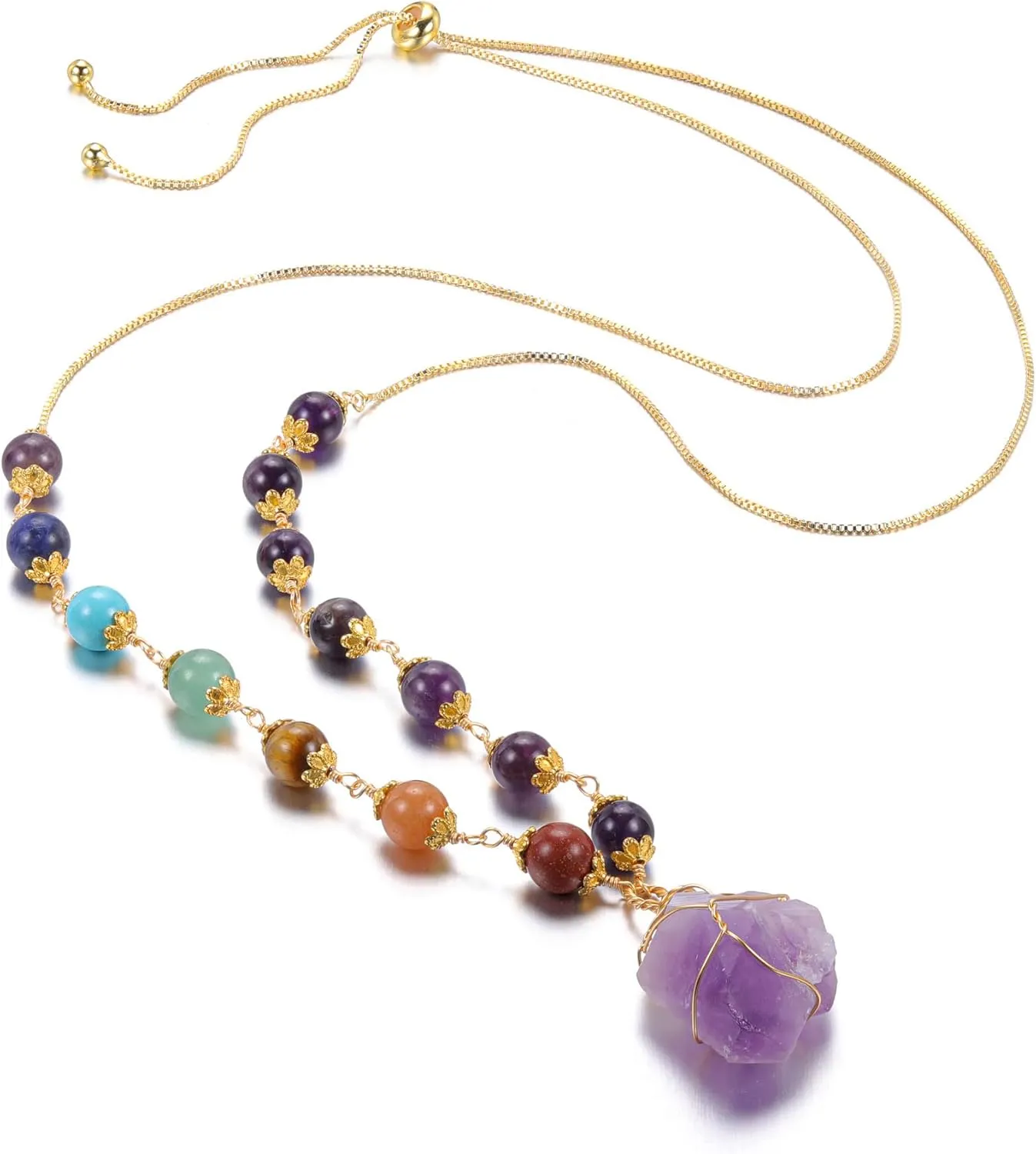 Jovivi Healing Stone Necklaces 7 Chakra Beads Necklace for Women Adjustable 14K Gold Plated Wire Wrapped Raw Quartz Crystal Pendant Necklace Gemstone Jewelry Mothers Day Gift