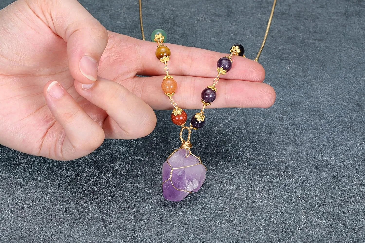 Jovivi Healing Stone Necklaces 7 Chakra Beads Necklace for Women Adjustable 14K Gold Plated Wire Wrapped Raw Quartz Crystal Pendant Necklace Gemstone Jewelry Mothers Day Gift