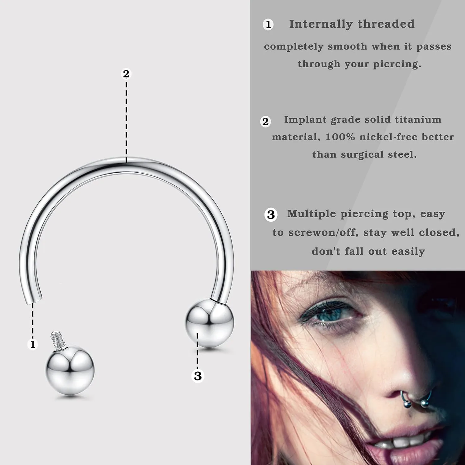 Jstyle 16g Septum Rings for Women Men, Implant Grade G23 Titanium Septum Ring, Internally Threaded Horseshoe Hoop Helix Daith Cartilage Tragus Earrings, Circular Barbell Piercing Jewelry