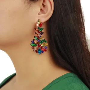 Jumwrit Rhinestone Cluster Earrings Wedding Flower Leaf Drop Dangle Earrings Statement Vintage Big Round Circle Earrings Iridescent Bridal Floral Chandelier Earrings Jewelry for Women Girls(Blue)