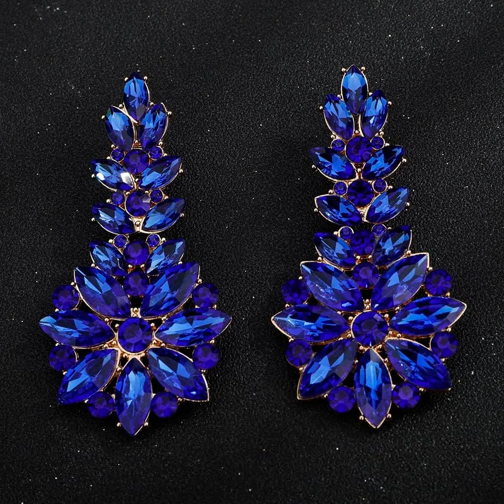 Jumwrit Rhinestone Cluster Earrings Wedding Flower Leaf Drop Dangle Earrings Statement Vintage Big Round Circle Earrings Iridescent Bridal Floral Chandelier Earrings Jewelry for Women Girls(Blue)