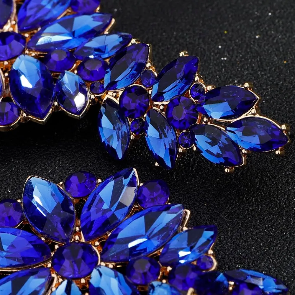 Jumwrit Rhinestone Cluster Earrings Wedding Flower Leaf Drop Dangle Earrings Statement Vintage Big Round Circle Earrings Iridescent Bridal Floral Chandelier Earrings Jewelry for Women Girls(Blue)