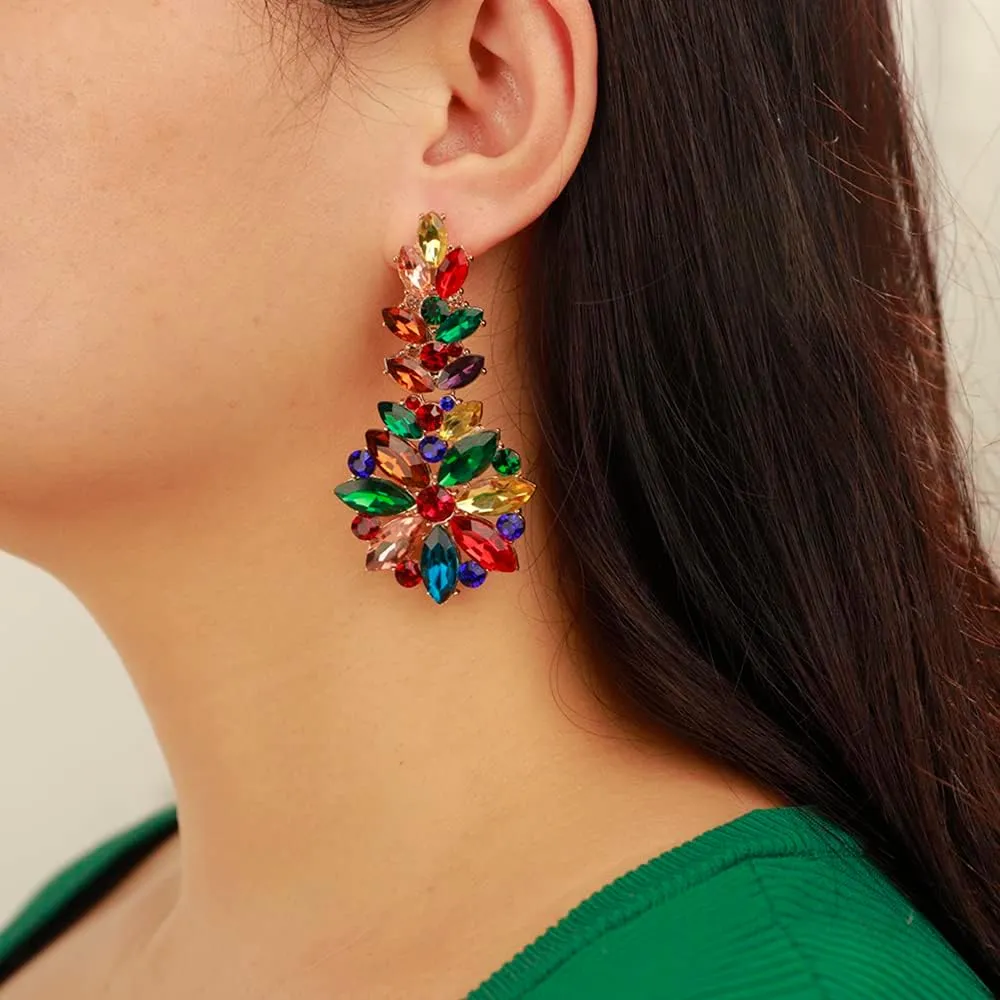 Jumwrit Rhinestone Cluster Earrings Wedding Flower Leaf Drop Dangle Earrings Statement Vintage Big Round Circle Earrings Iridescent Bridal Floral Chandelier Earrings Jewelry for Women Girls(Blue)