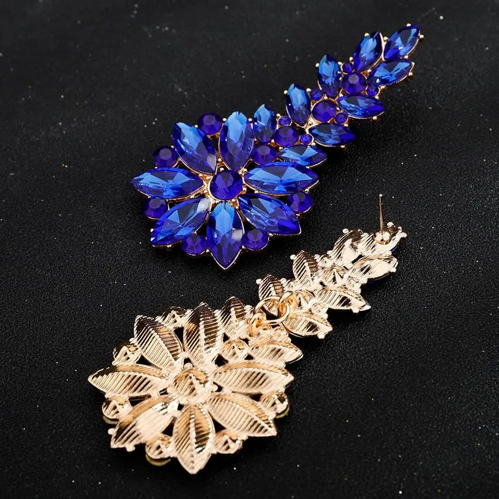 Jumwrit Rhinestone Cluster Earrings Wedding Flower Leaf Drop Dangle Earrings Statement Vintage Big Round Circle Earrings Iridescent Bridal Floral Chandelier Earrings Jewelry for Women Girls(Blue)