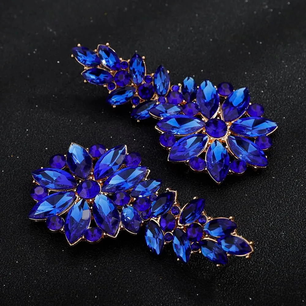 Jumwrit Rhinestone Cluster Earrings Wedding Flower Leaf Drop Dangle Earrings Statement Vintage Big Round Circle Earrings Iridescent Bridal Floral Chandelier Earrings Jewelry for Women Girls(Blue)