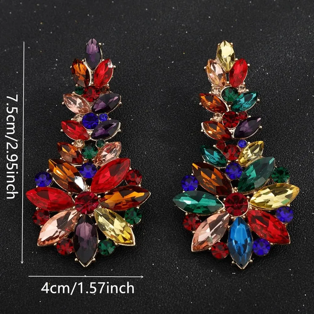 Jumwrit Rhinestone Cluster Earrings Wedding Flower Leaf Drop Dangle Earrings Statement Vintage Big Round Circle Earrings Iridescent Bridal Floral Chandelier Earrings Jewelry for Women Girls(Blue)