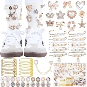 Junk Socks Charms Kit Gold Brooches and Pins for Women Pearl and Rhinestone Sock Charms with Safety Pins DIY Accessories for Decorating and Personalizing Socks