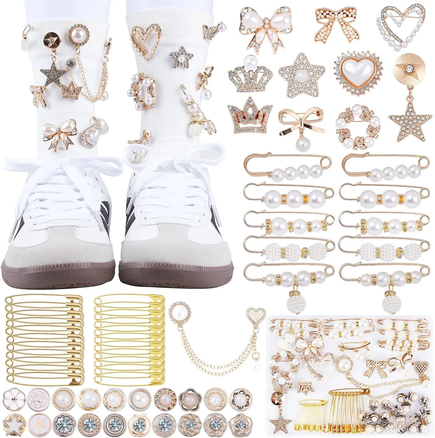 Junk Socks Charms Kit Gold Brooches and Pins for Women Pearl and Rhinestone Sock Charms with Safety Pins DIY Accessories for Decorating and Personalizing Socks
