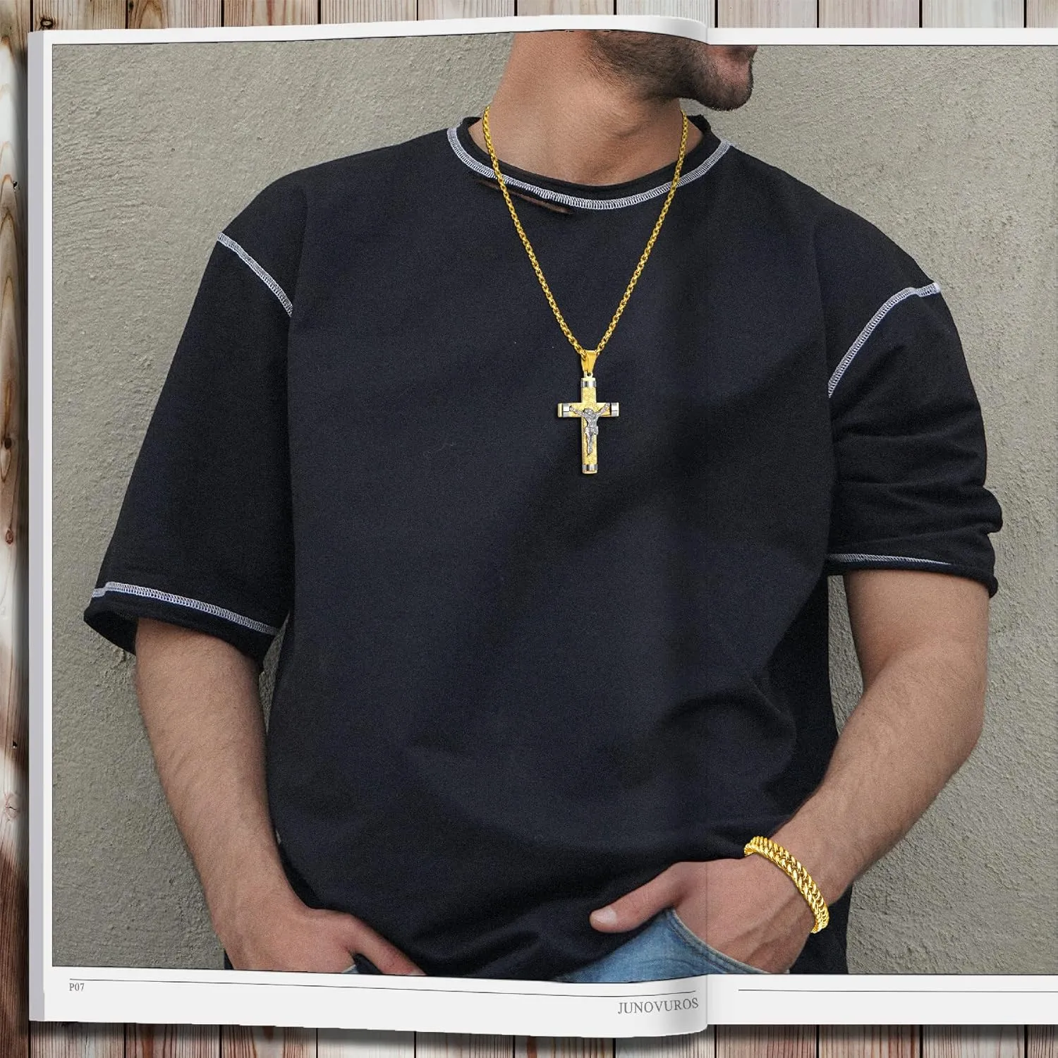 JUNOVUROS 5 Piece Stainless Steel Cross Pendant Necklace Set with 3 Chains and 1 Cuban Bracelet, Jesus Christ Cross Religious Jewelry Gift, Silver/Gold/Black