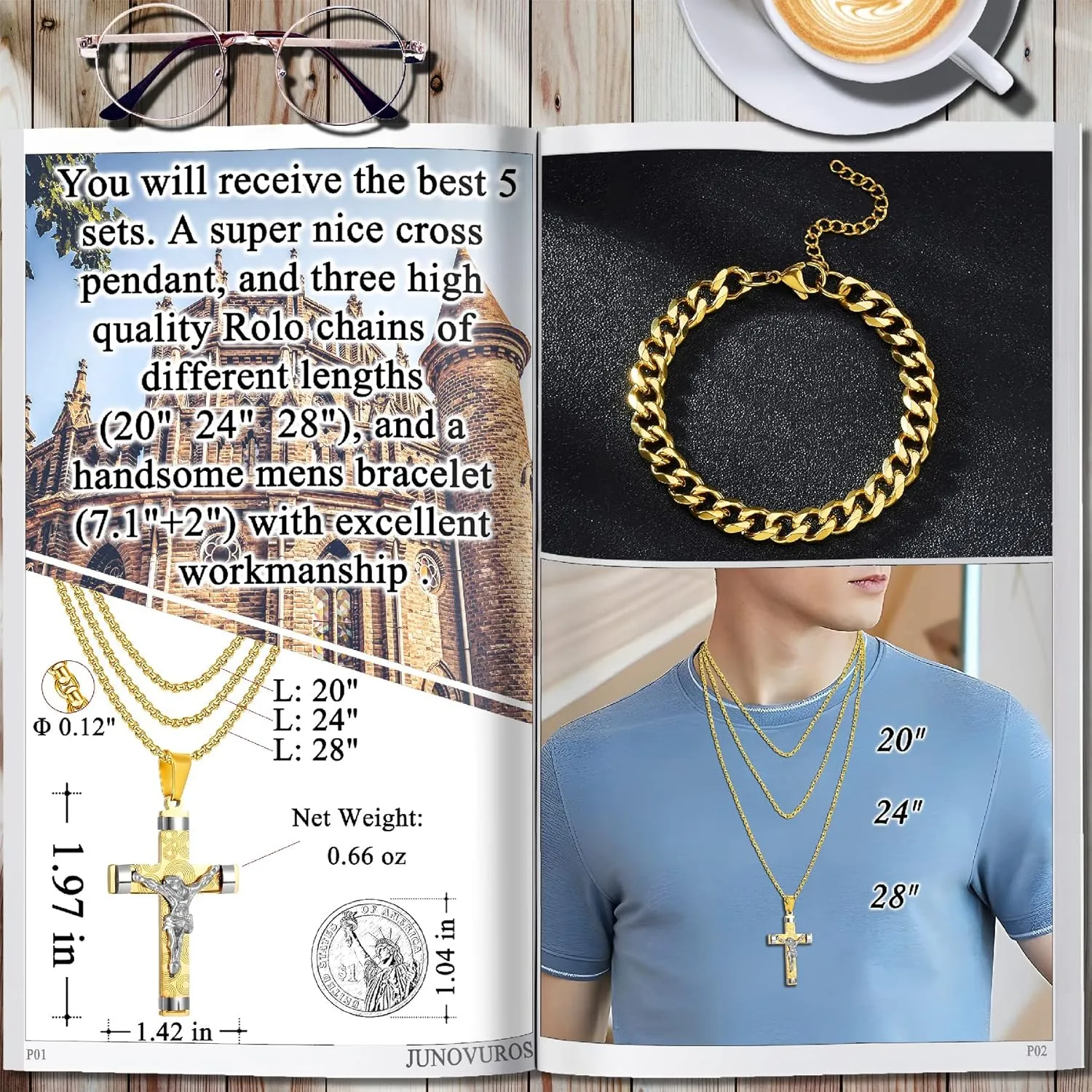 JUNOVUROS 5 Piece Stainless Steel Cross Pendant Necklace Set with 3 Chains and 1 Cuban Bracelet, Jesus Christ Cross Religious Jewelry Gift, Silver/Gold/Black