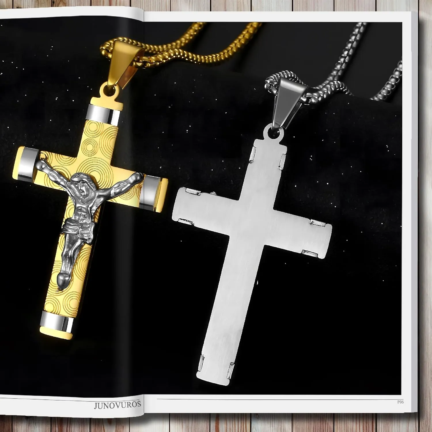 JUNOVUROS 5 Piece Stainless Steel Cross Pendant Necklace Set with 3 Chains and 1 Cuban Bracelet, Jesus Christ Cross Religious Jewelry Gift, Silver/Gold/Black