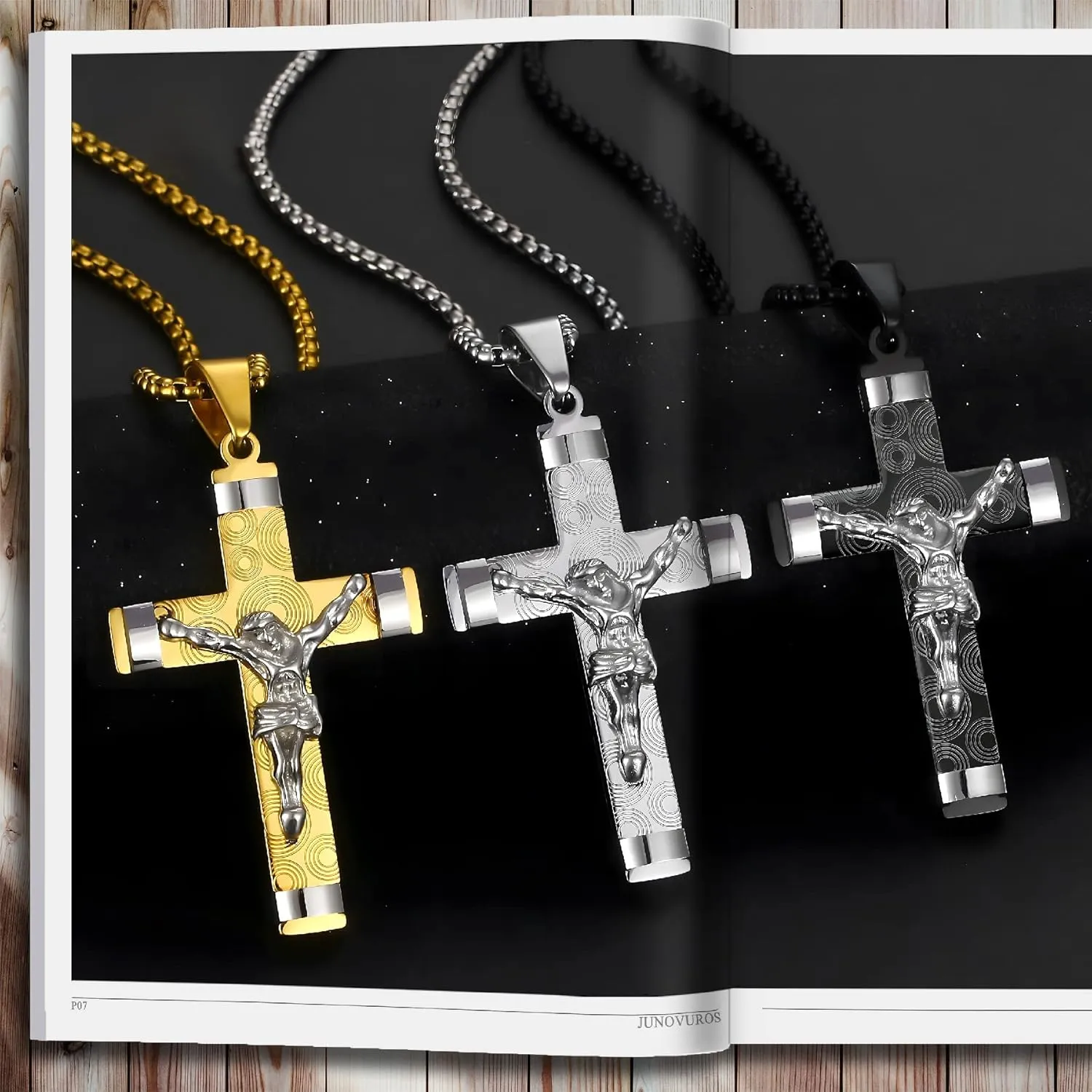 JUNOVUROS 5 Piece Stainless Steel Cross Pendant Necklace Set with 3 Chains and 1 Cuban Bracelet, Jesus Christ Cross Religious Jewelry Gift, Silver/Gold/Black