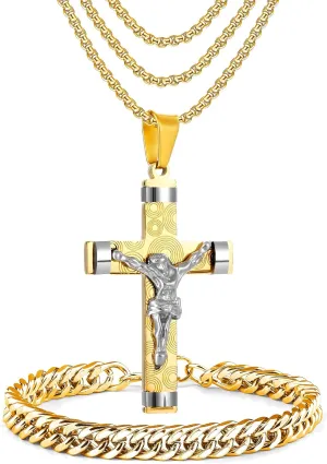 JUNOVUROS 5 Piece Stainless Steel Cross Pendant Necklace Set with 3 Chains and 1 Cuban Bracelet, Jesus Christ Cross Religious Jewelry Gift, Silver/Gold/Black
