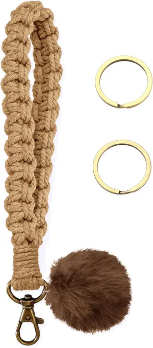 Keychain Wristlet, Woven Handmade Wrist Lanyard for Keys, Wrist Key Chains with 2 Keyrings for Women Car Keys ID Badges Card Wallet Phone, Apricot