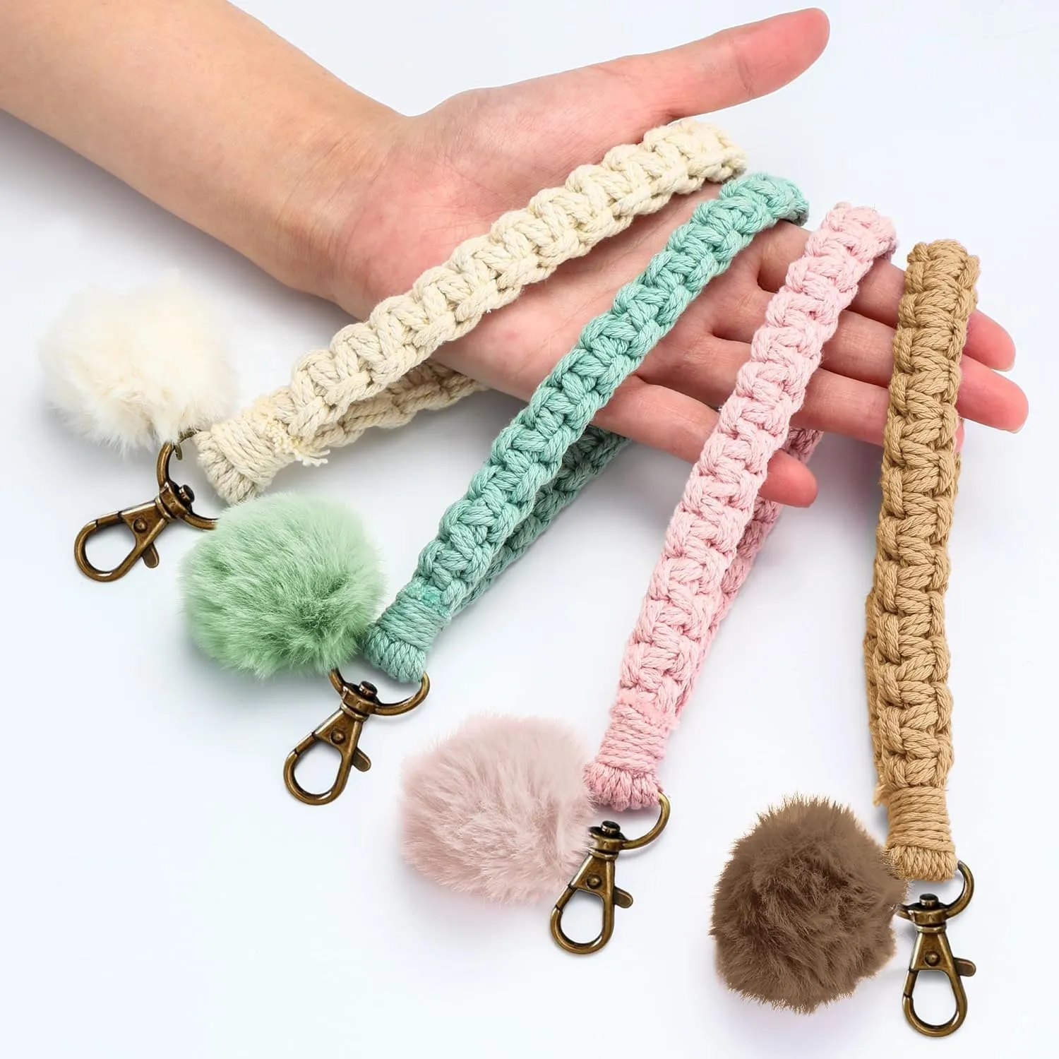 Keychain Wristlet, Woven Handmade Wrist Lanyard for Keys, Wrist Key Chains with 2 Keyrings for Women Car Keys ID Badges Card Wallet Phone, Apricot