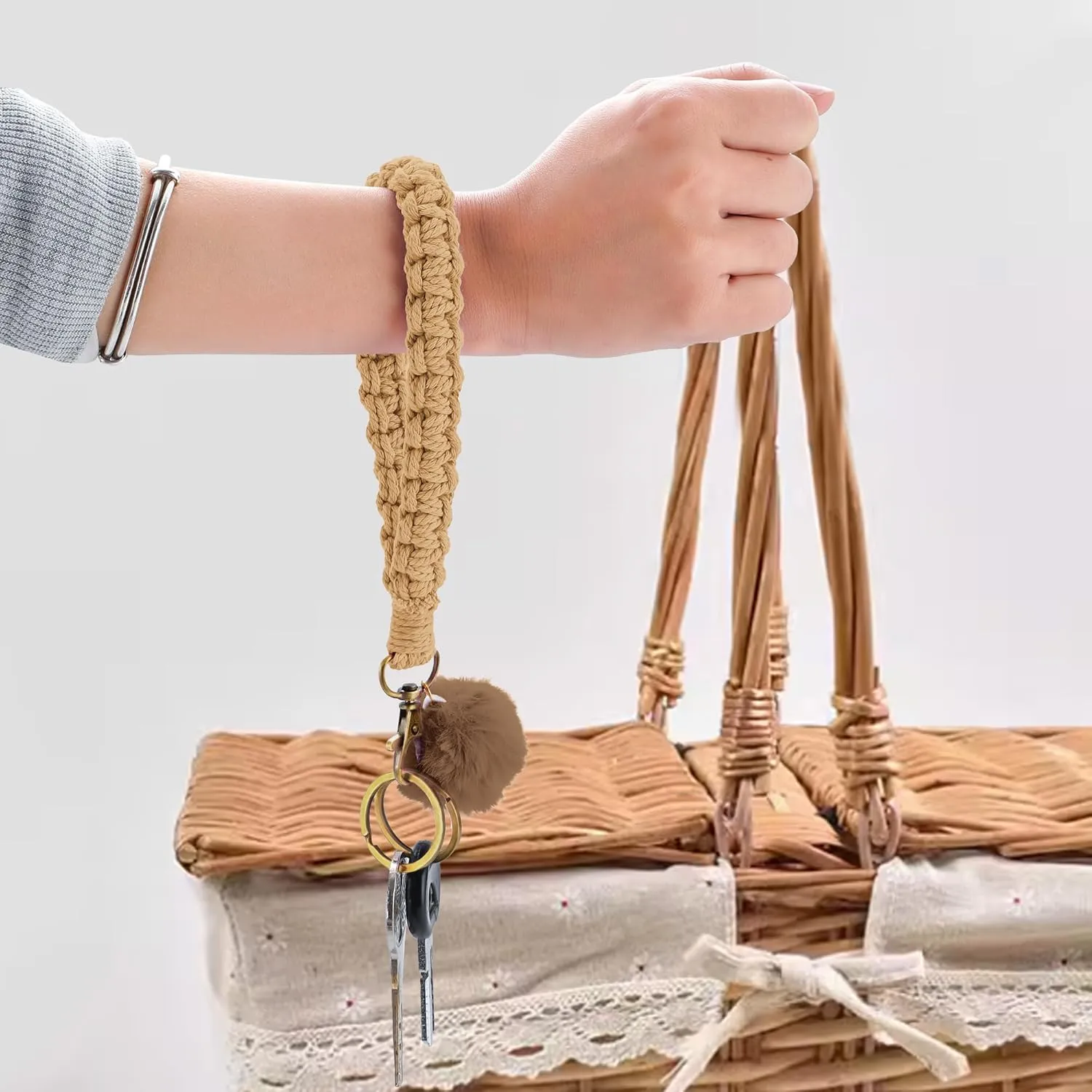 Keychain Wristlet, Woven Handmade Wrist Lanyard for Keys, Wrist Key Chains with 2 Keyrings for Women Car Keys ID Badges Card Wallet Phone, Apricot
