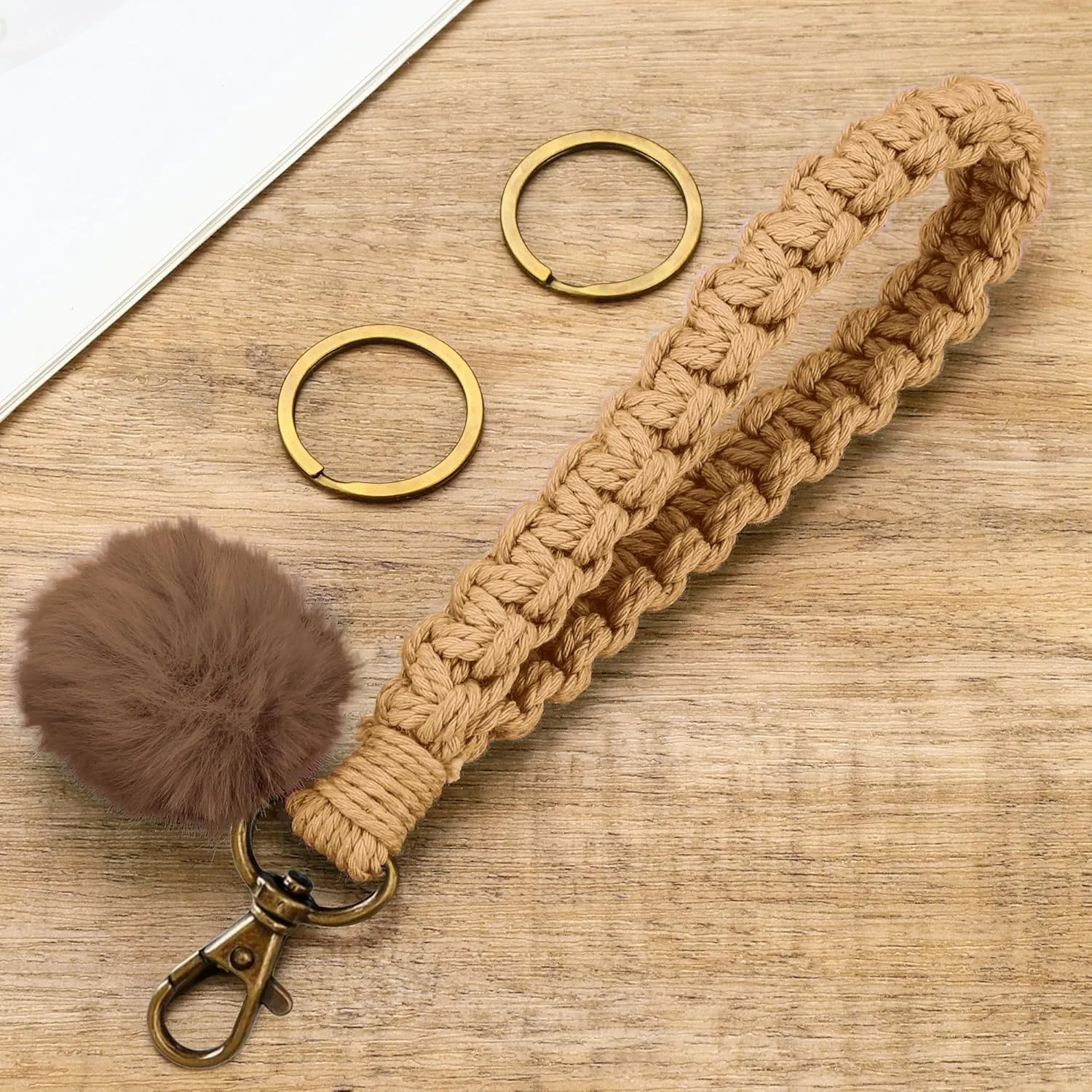 Keychain Wristlet, Woven Handmade Wrist Lanyard for Keys, Wrist Key Chains with 2 Keyrings for Women Car Keys ID Badges Card Wallet Phone, Apricot