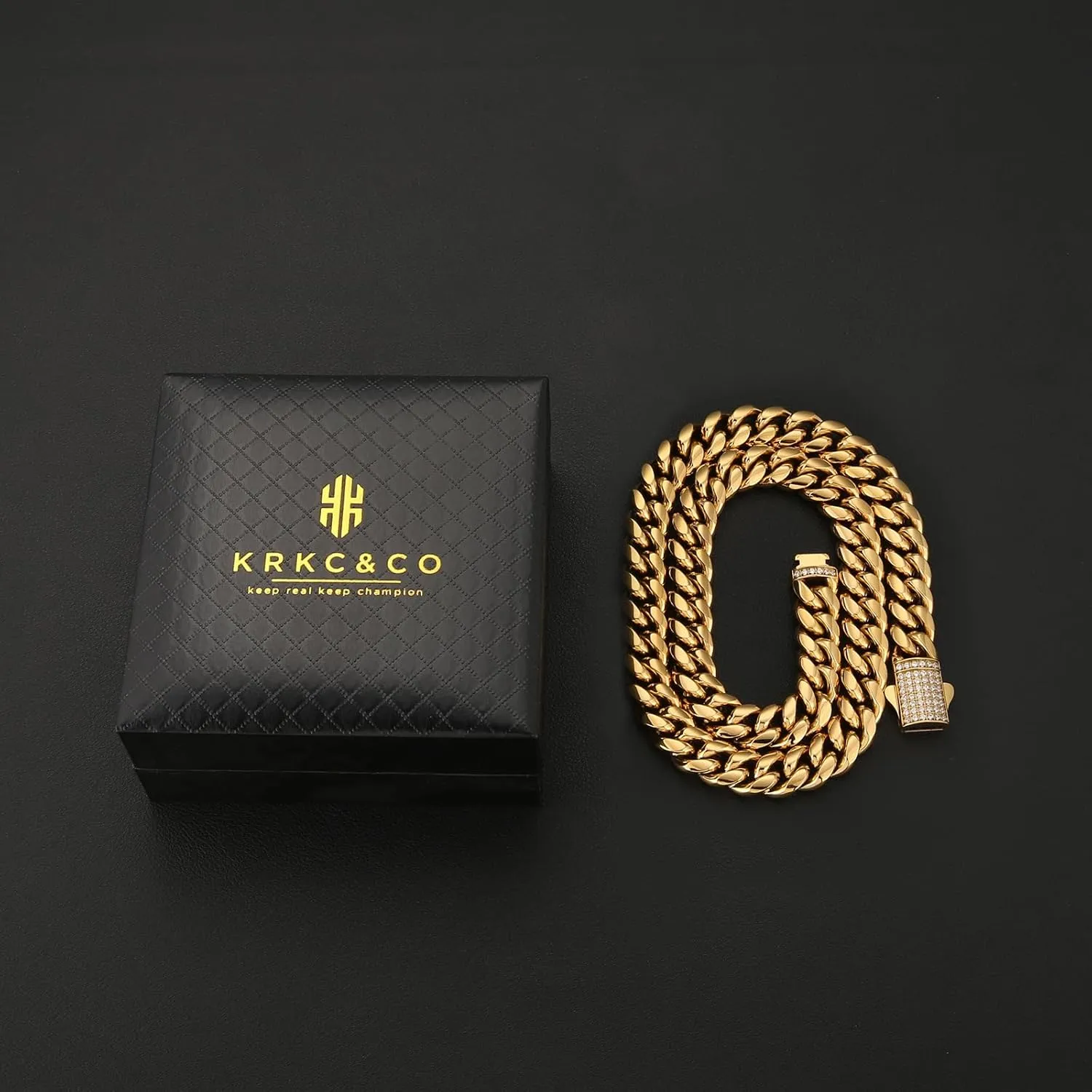 KRKC&CO 12mm Iced Out Cuban Link Chain for Men, 18k Gold Filled Miami Curb Thick Necklace, Anti-Allergies, Anti-tarnish, Durable Street-wear Hip Hop Jewelry Gift for Him, Boys, Rapper