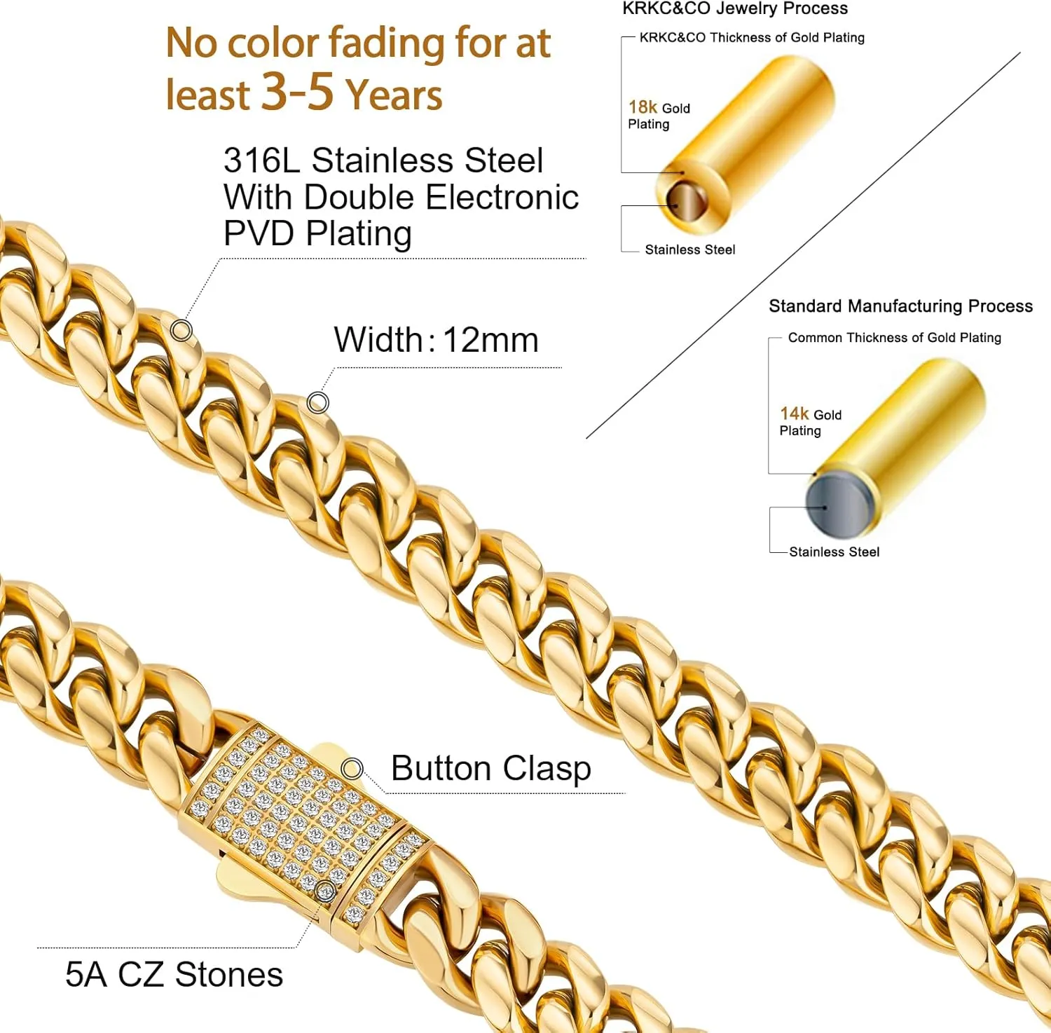 KRKC&CO 12mm Iced Out Cuban Link Chain for Men, 18k Gold Filled Miami Curb Thick Necklace, Anti-Allergies, Anti-tarnish, Durable Street-wear Hip Hop Jewelry Gift for Him, Boys, Rapper