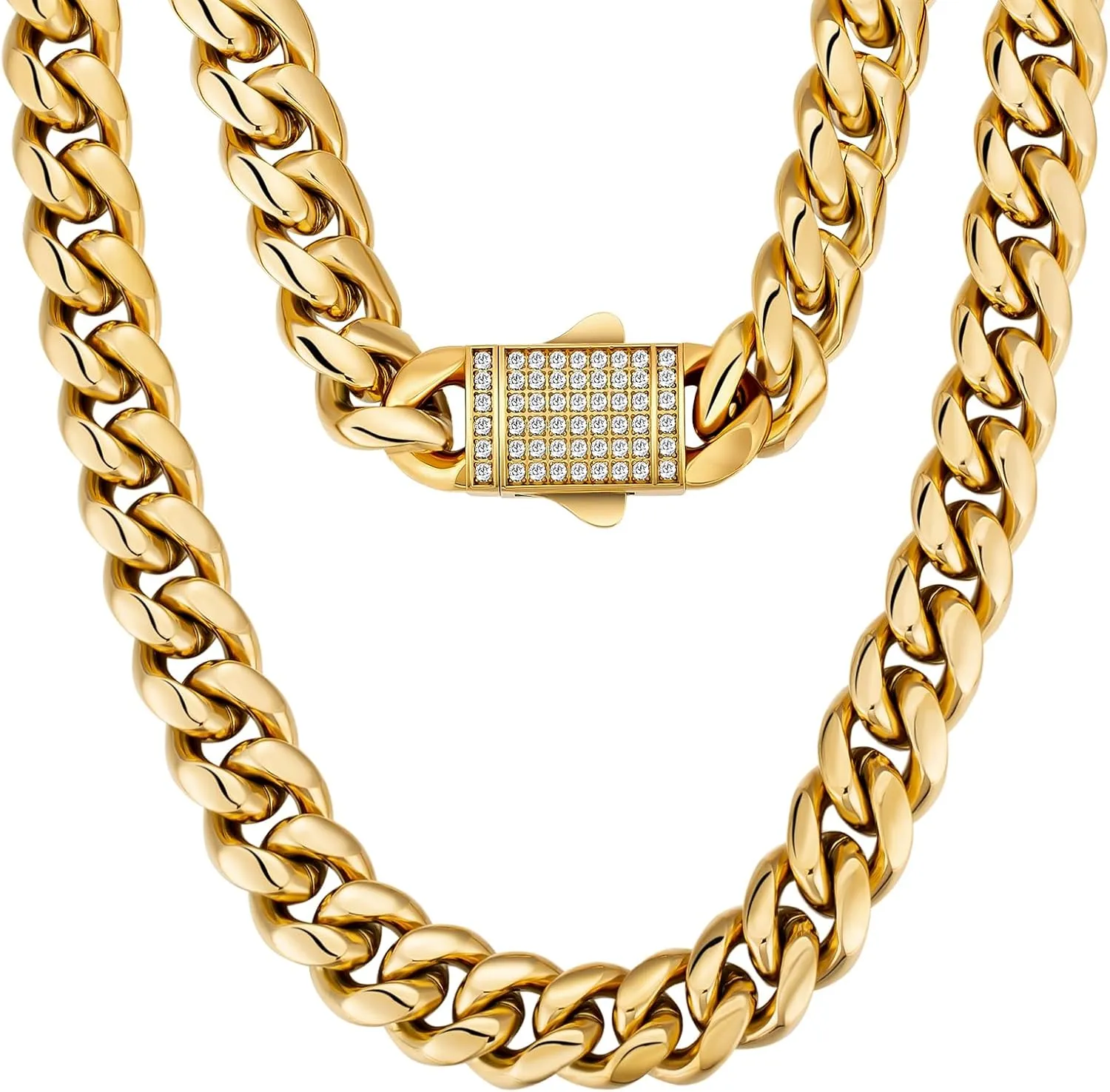 KRKC&CO 12mm Iced Out Cuban Link Chain for Men, 18k Gold Filled Miami Curb Thick Necklace, Anti-Allergies, Anti-tarnish, Durable Street-wear Hip Hop Jewelry Gift for Him, Boys, Rapper