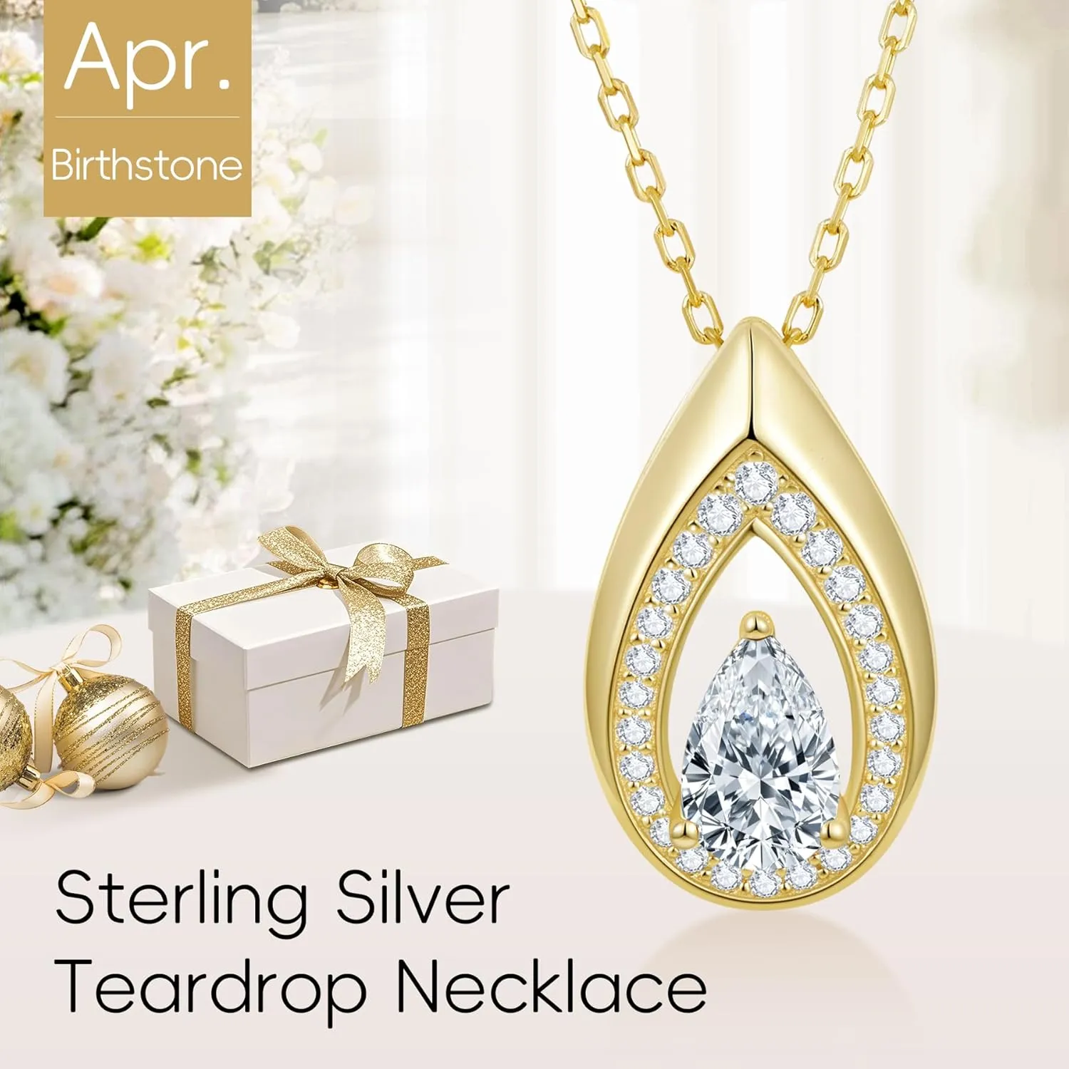 Kstyle Teardrop Necklaces for Women, 14k Gold Plated 925 Sterling Silver Birthstone Pendant Necklace with Cubic Zirconia, Jewelry for Women Birthday Gifts for Wife Girlfriend Her Mom Sister