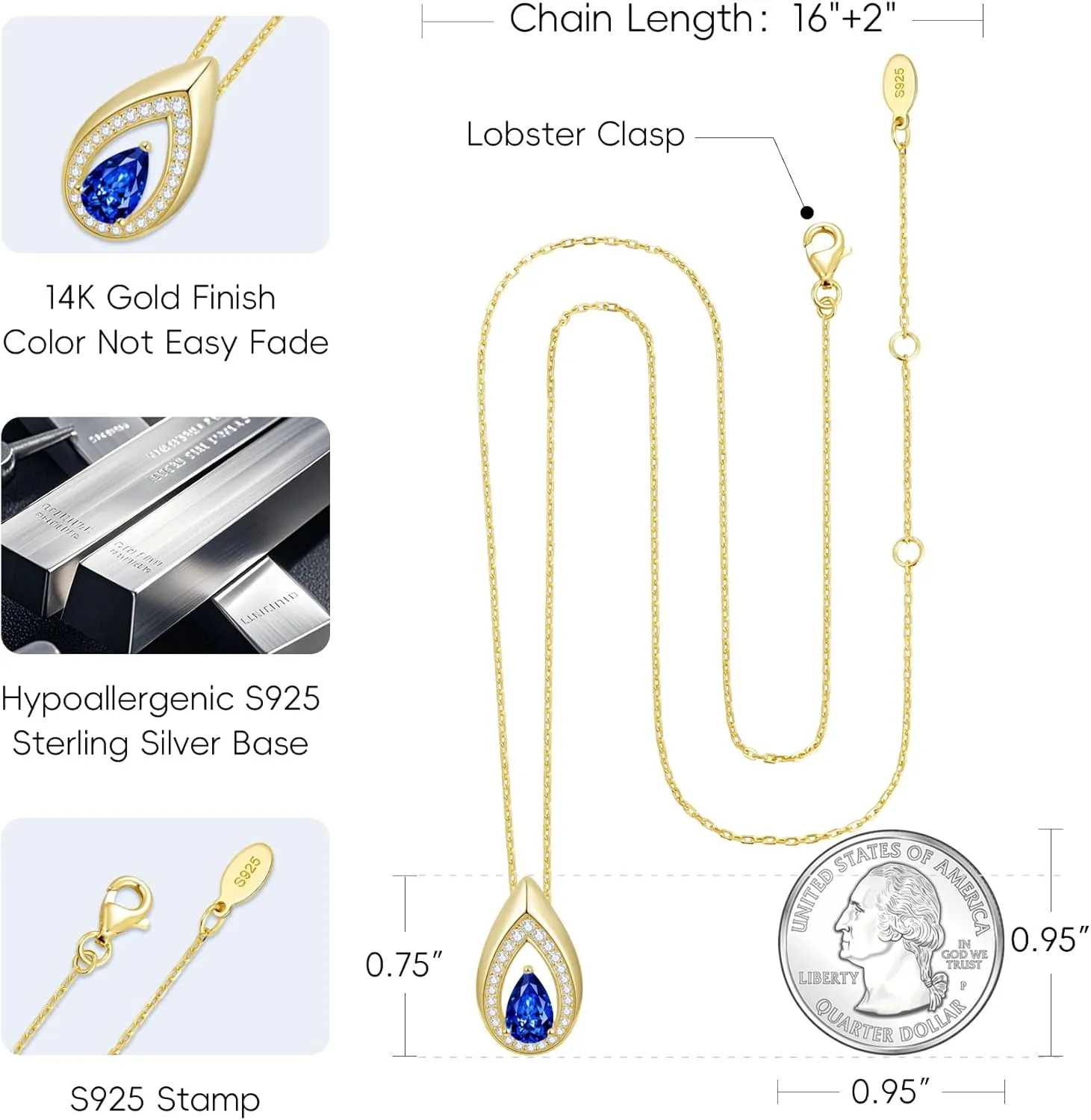 Kstyle Teardrop Necklaces for Women, 14k Gold Plated 925 Sterling Silver Birthstone Pendant Necklace with Cubic Zirconia, Jewelry for Women Birthday Gifts for Wife Girlfriend Her Mom Sister