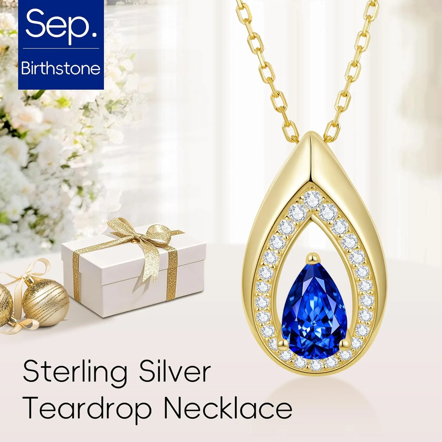 Kstyle Teardrop Necklaces for Women, 14k Gold Plated 925 Sterling Silver Birthstone Pendant Necklace with Cubic Zirconia, Jewelry for Women Birthday Gifts for Wife Girlfriend Her Mom Sister
