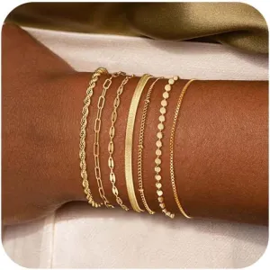 Kyerlyn Gold Bracelets for Women Waterproof, 14K Real Gold Jewelry Sets for Women Trendy Dainty Stackable Cuban Link Paperclip Chain Bracelet Pack Fashion Accessories Gifts