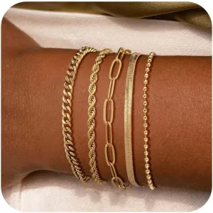 Kyerlyn Gold Bracelets for Women Waterproof, 14K Real Gold Jewelry Sets for Women Trendy Dainty Stackable Cuban Link Paperclip Chain Bracelet Pack Fashion Accessories Gifts