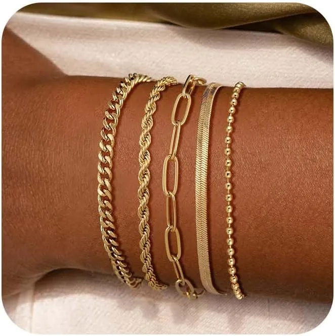 Kyerlyn Gold Bracelets for Women Waterproof, 14K Real Gold Jewelry Sets for Women Trendy Dainty Stackable Cuban Link Paperclip Chain Bracelet Pack Fashion Accessories Gifts