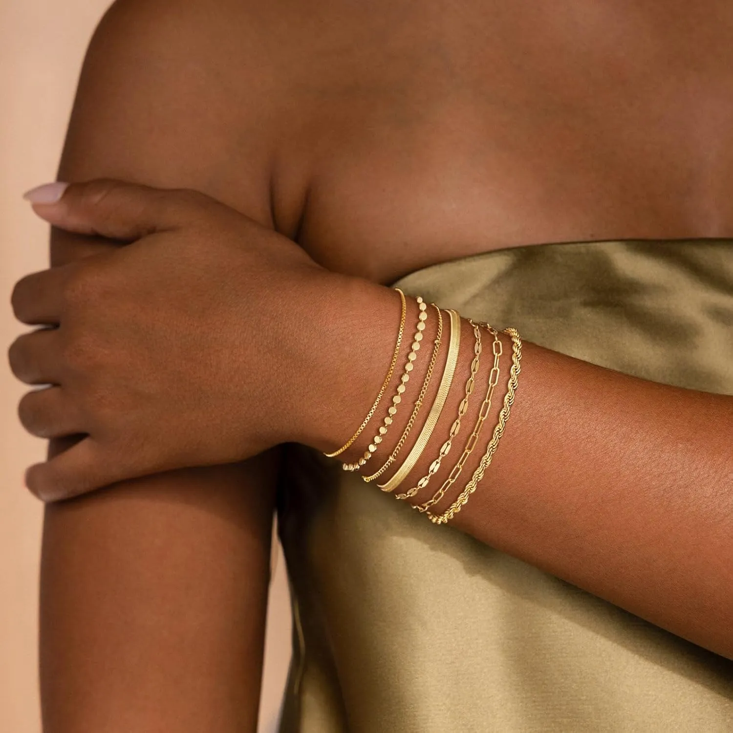 Kyerlyn Gold Bracelets for Women Waterproof, 14K Real Gold Jewelry Sets for Women Trendy Dainty Stackable Cuban Link Paperclip Chain Bracelet Pack Fashion Accessories Gifts